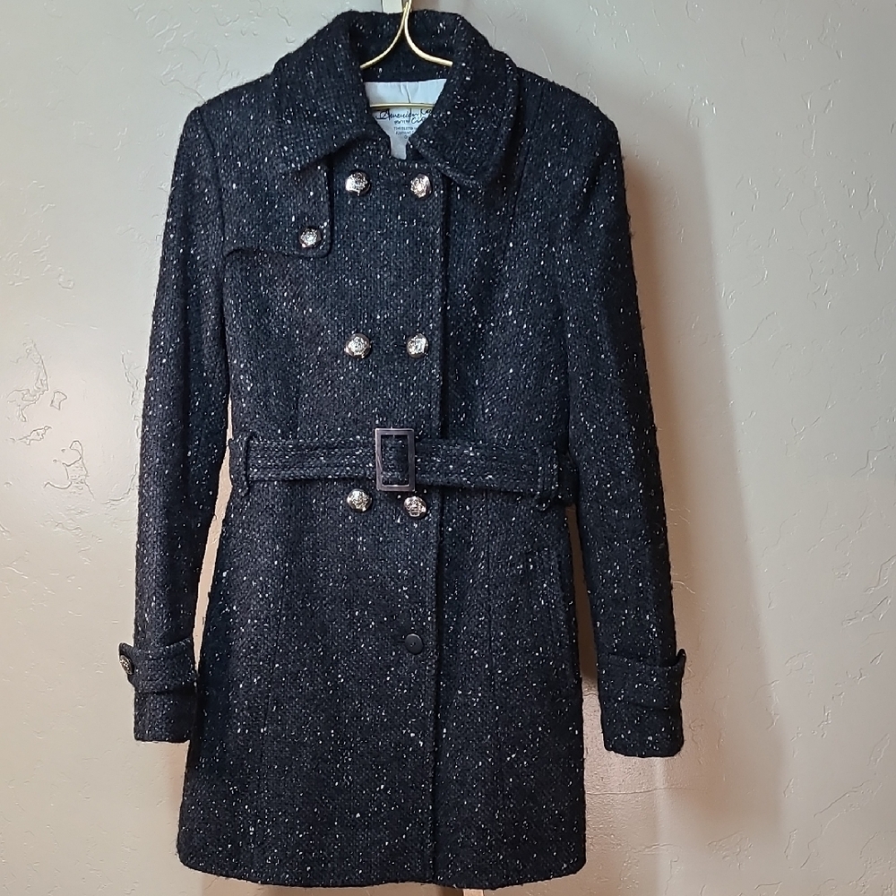 American‎ Rag Black Wool Blend Pea Coat Military Inspired Belt Y2K